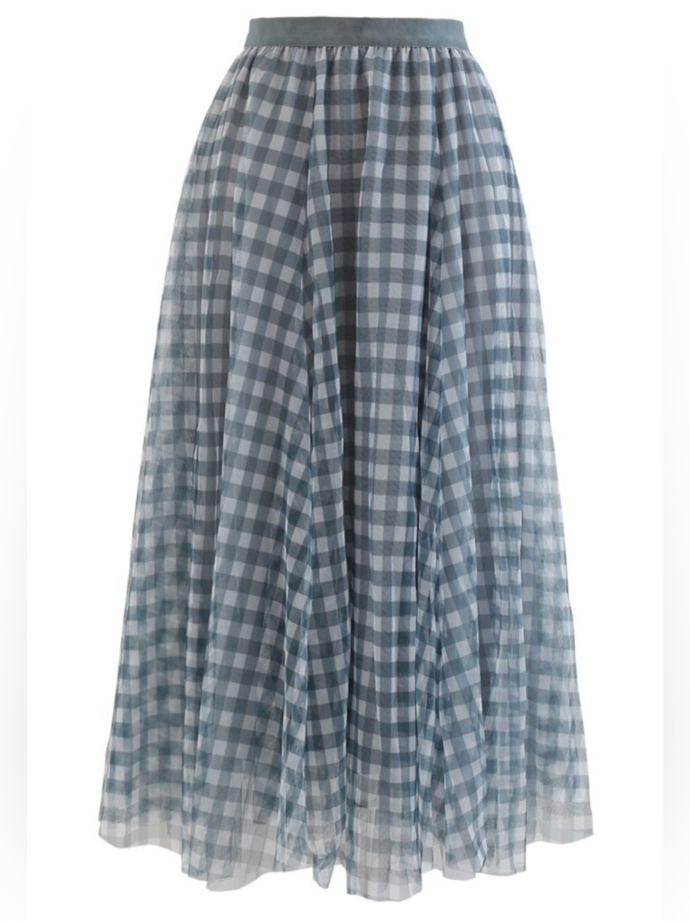 Dusty Blue Gingham Tulle Midi Skirt | Elastic Waist | Worn Once